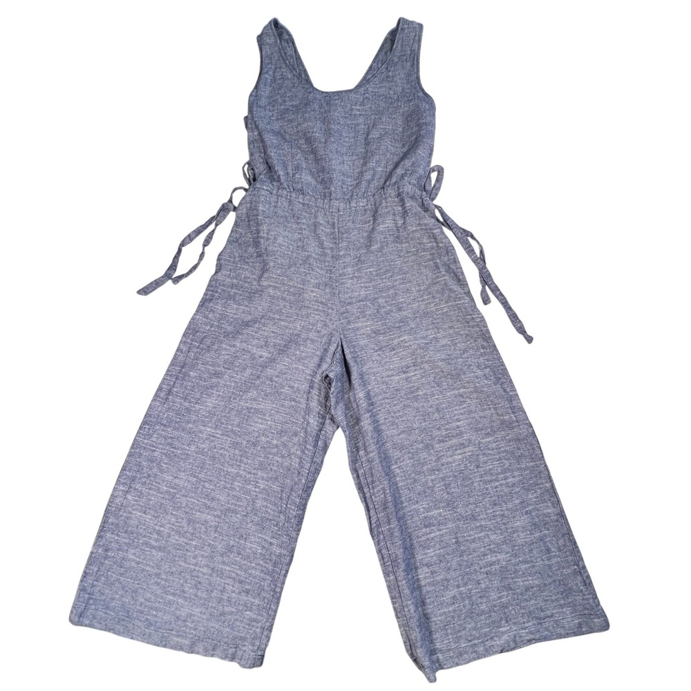 Max Studio Jumpsuit Women L Blue Linen Blend Chambray Wide Leg Side Tie Coastal - Picture 2 of 12